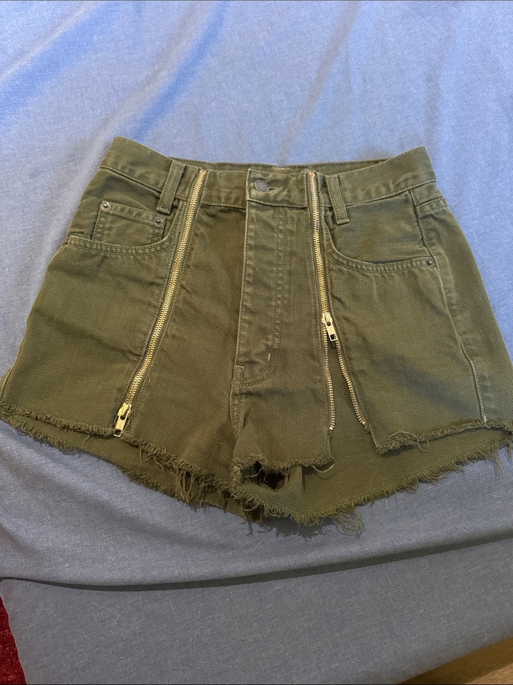 Carmar Olive Green High-Rise Frayed Denim Shorts with Dual Gold Zippers